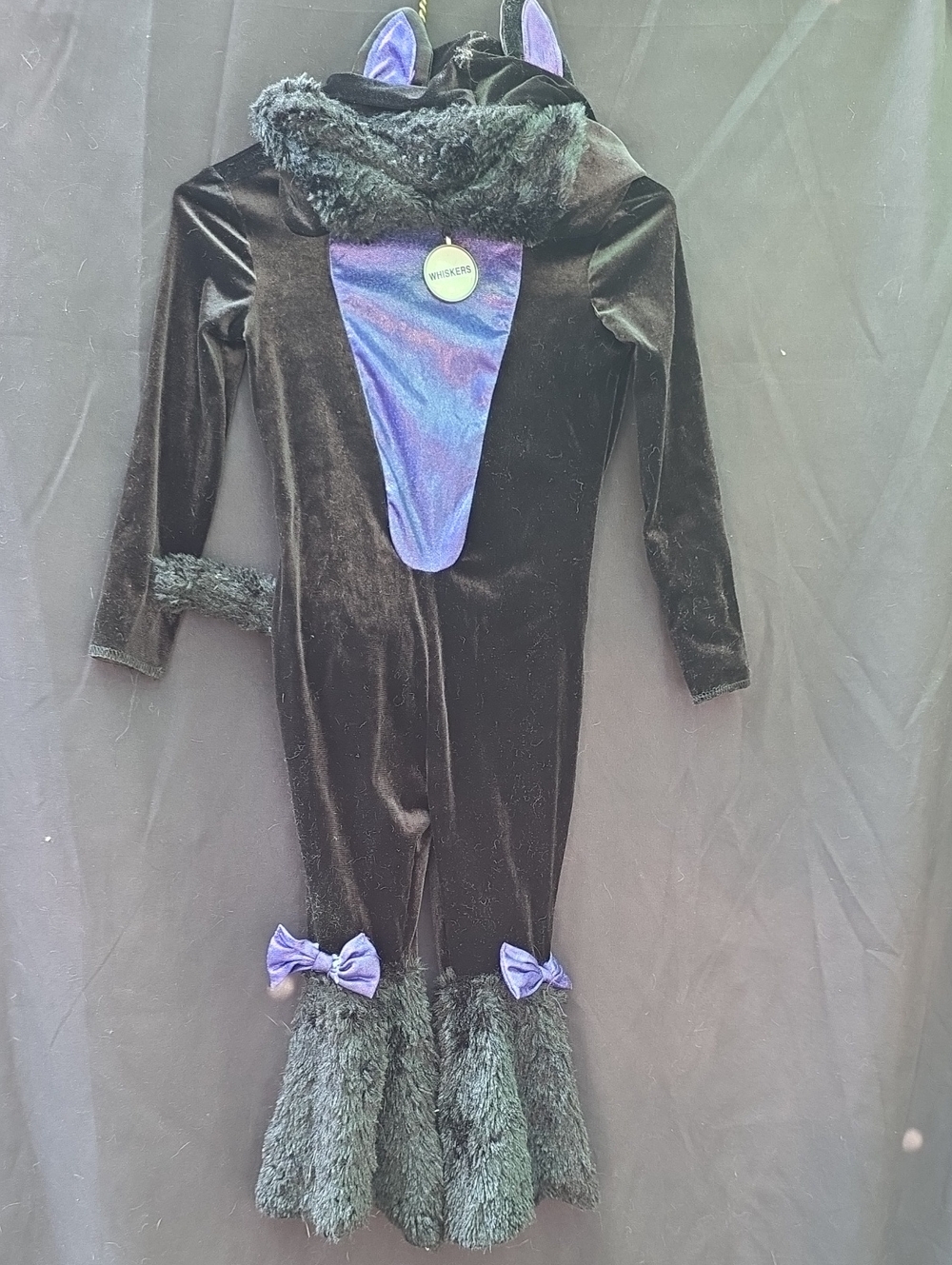 Spirit Black and Purple Fuzzy Cat Jumpsuit Costume with Hood and Tail